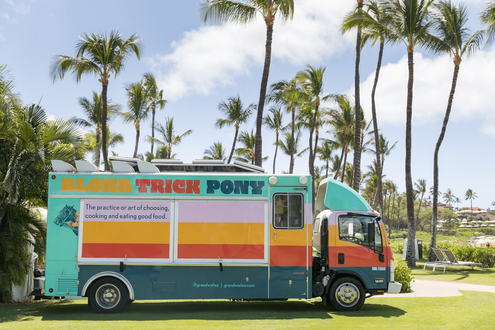 the aloha trick pony food truck sits closed on the grounds of Grand Wailea