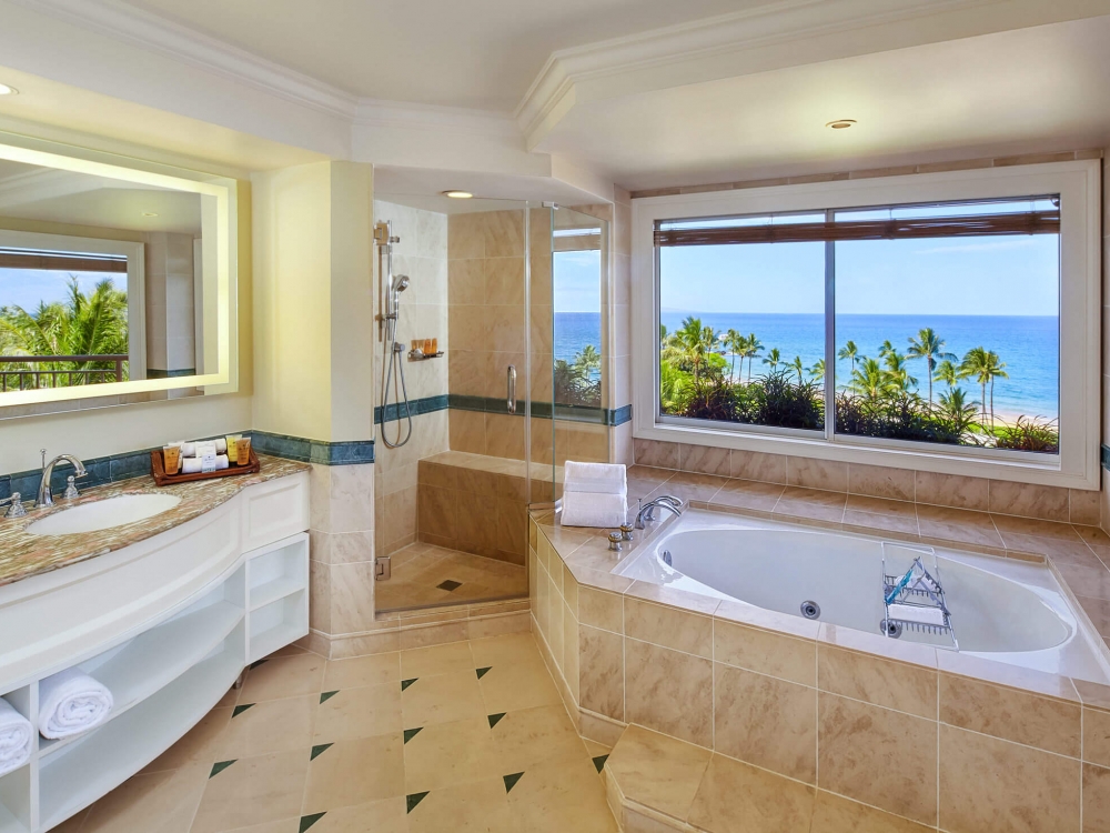 bathroom with panoramic views from tub and sink in the Signature Suite