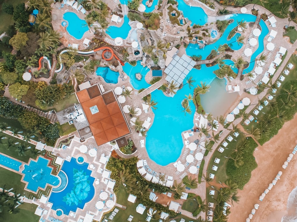 aerial view of the pools and beach at Grand Wailea resort