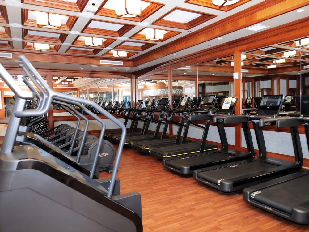 a row of stair climbers sits across from a row of treadmills in a well-lit room