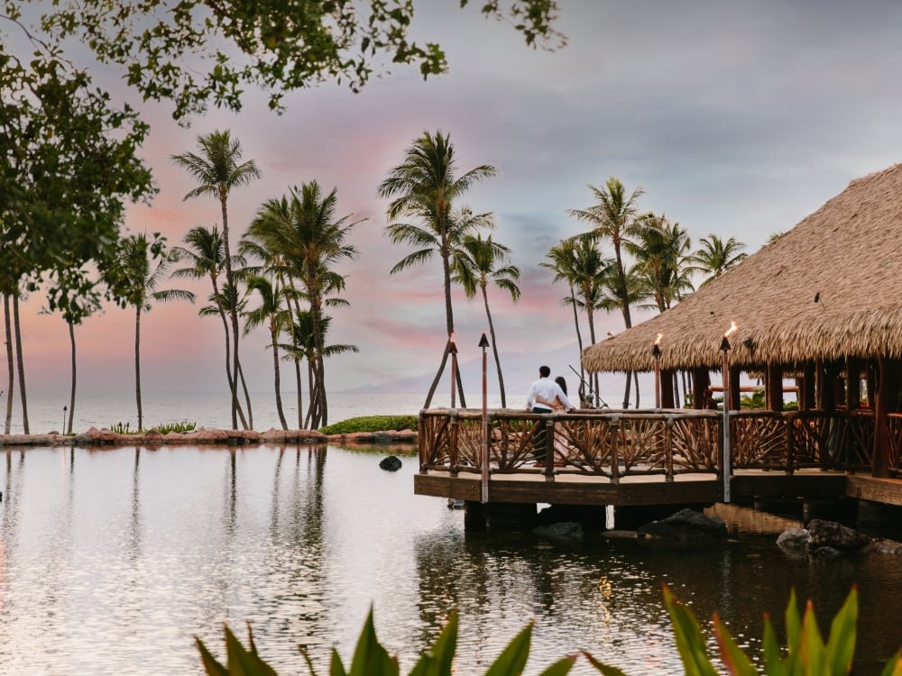 a wooden building overlooks the water lined with palm trees