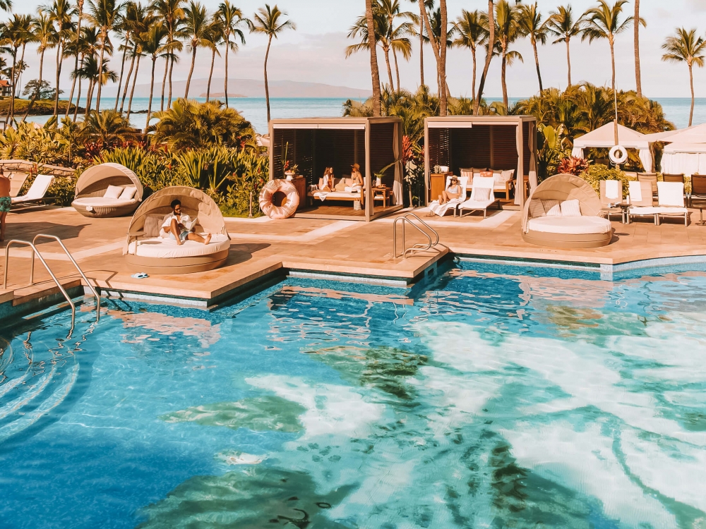 view of the Grand Wailea cabanas at the Hibiscus Pool