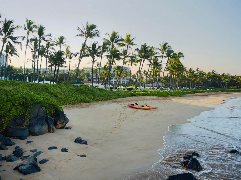a kayak sits on an empty beach with waves on the sand and palm trees in the background