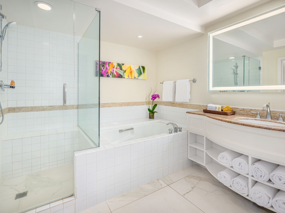 walk in shower, tub and sink in Ocean View King bathroom