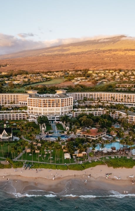 An aerial view of the resort from the coastline