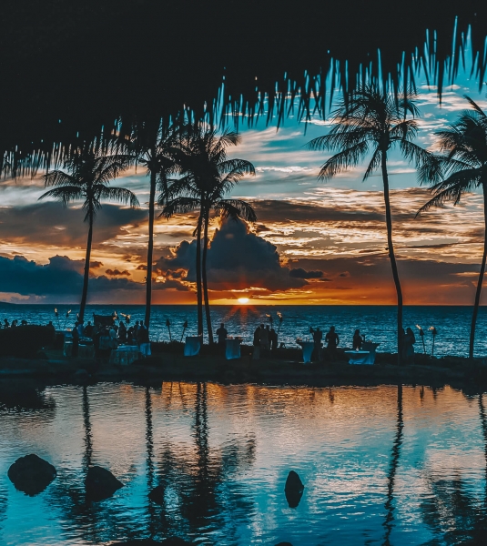 shadow of palm trees reflect off the water in the foreground while the sun sets over the ocean creating an orange and blue sky