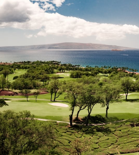 Lush green golf course with a beautiful background of the ocean and mountains