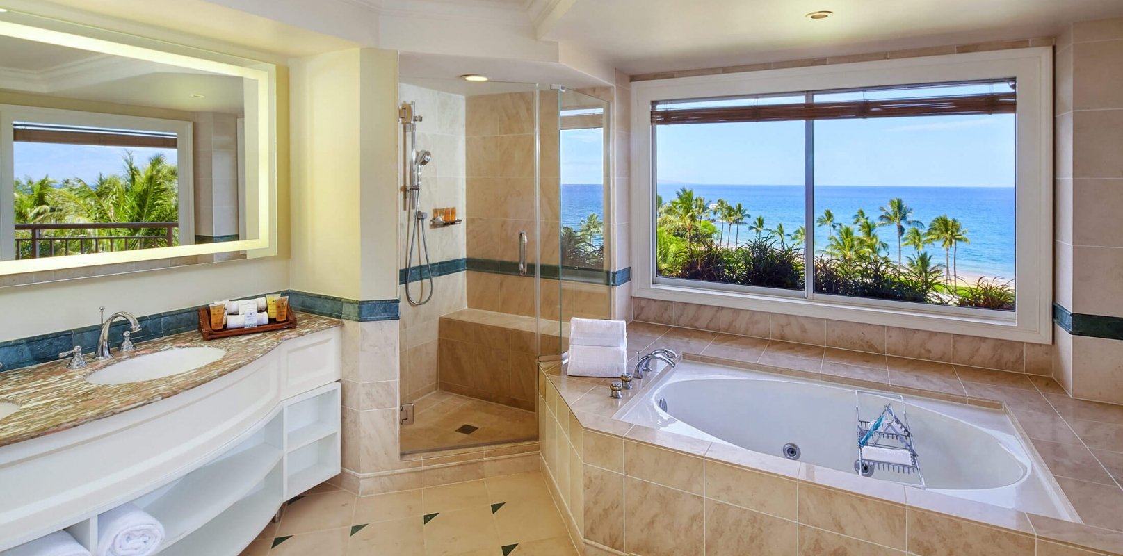 bathroom with panoramic views from tub and sink in the Signature Suite