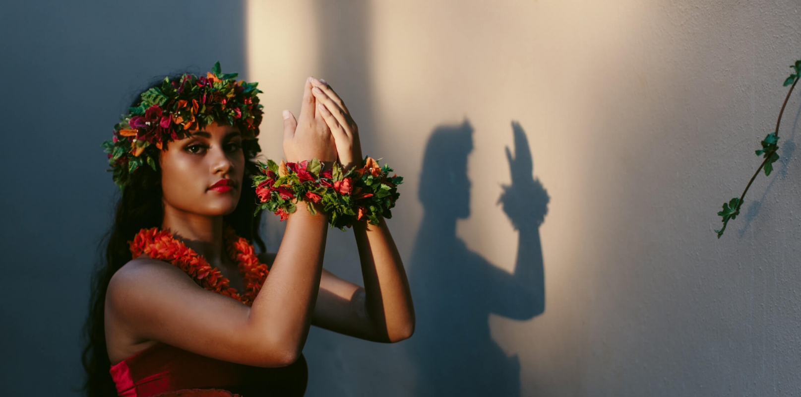 a woman dressed in red dances the luau as the light casts her shadow against the wall beside her