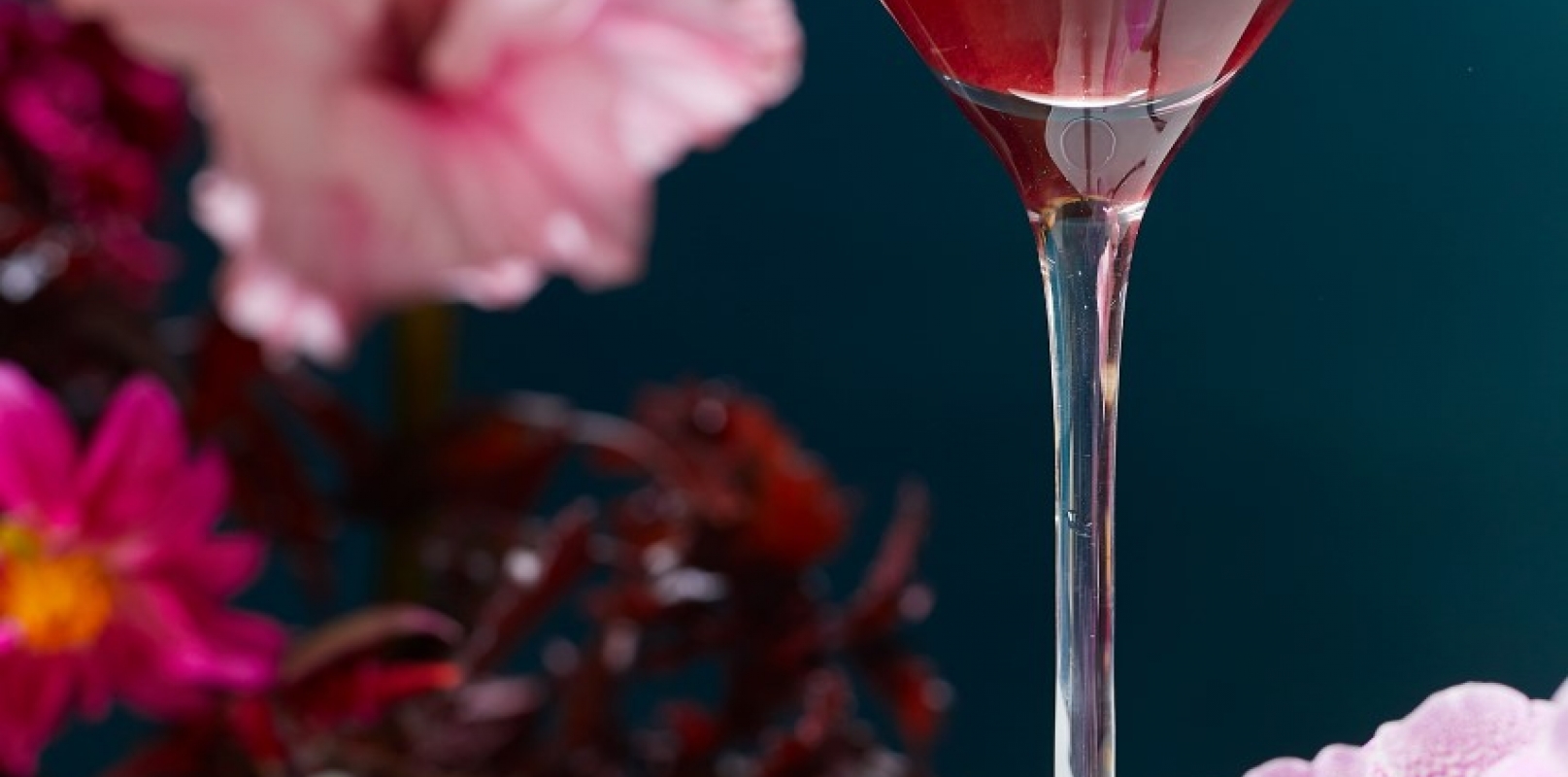 red cocktail in a martini glass sitting beside multiple pink flowers