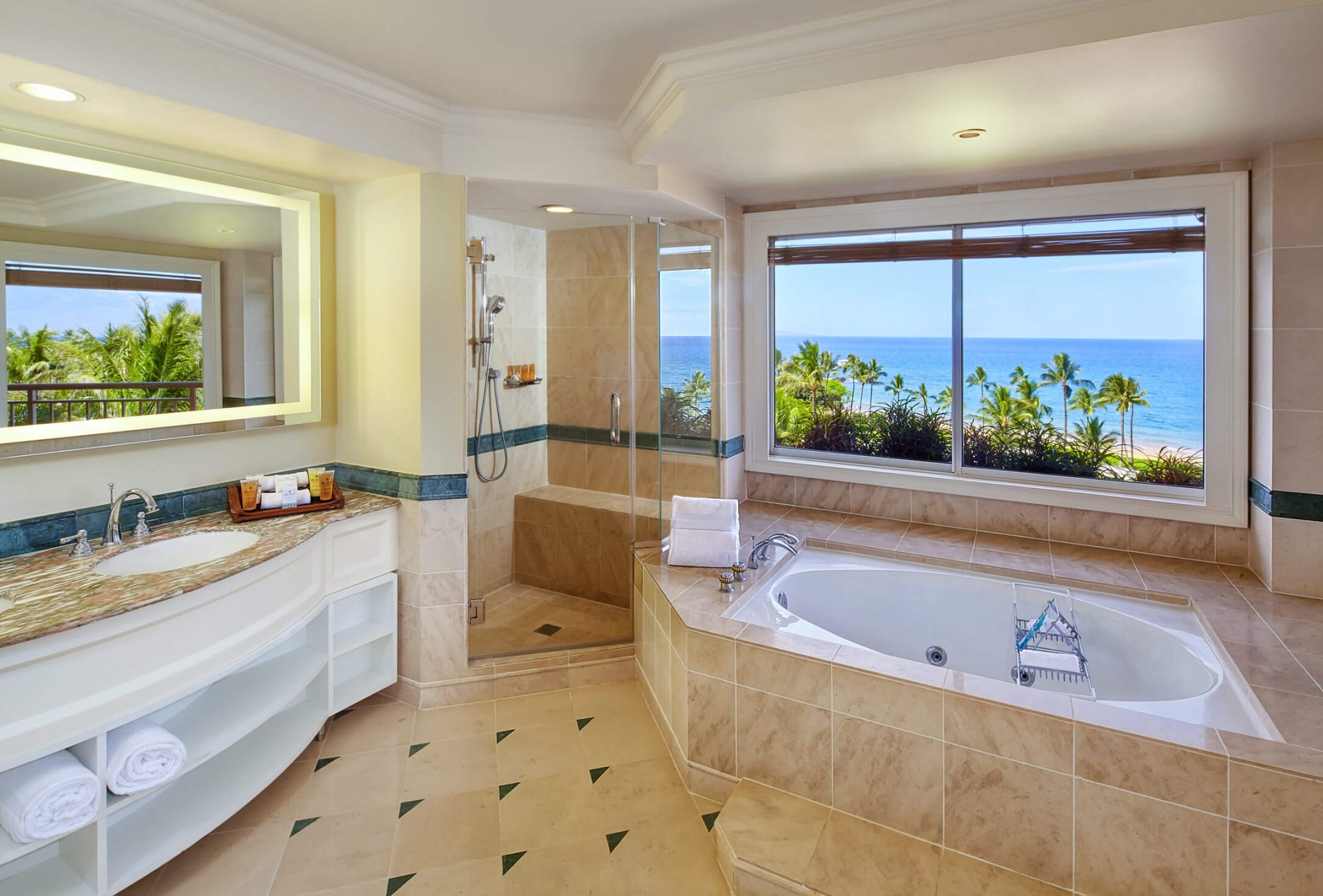 bathroom with panoramic views from tub and sink in the Signature Suite