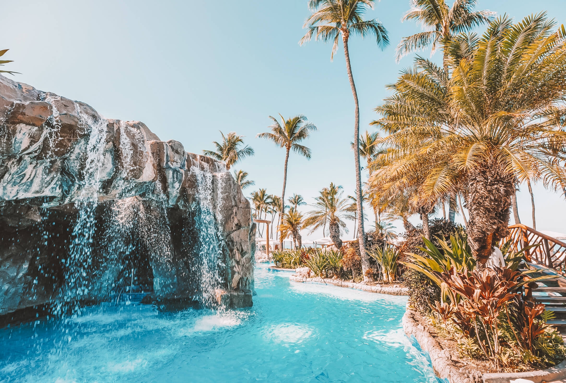 water feature and pool beside palm trees