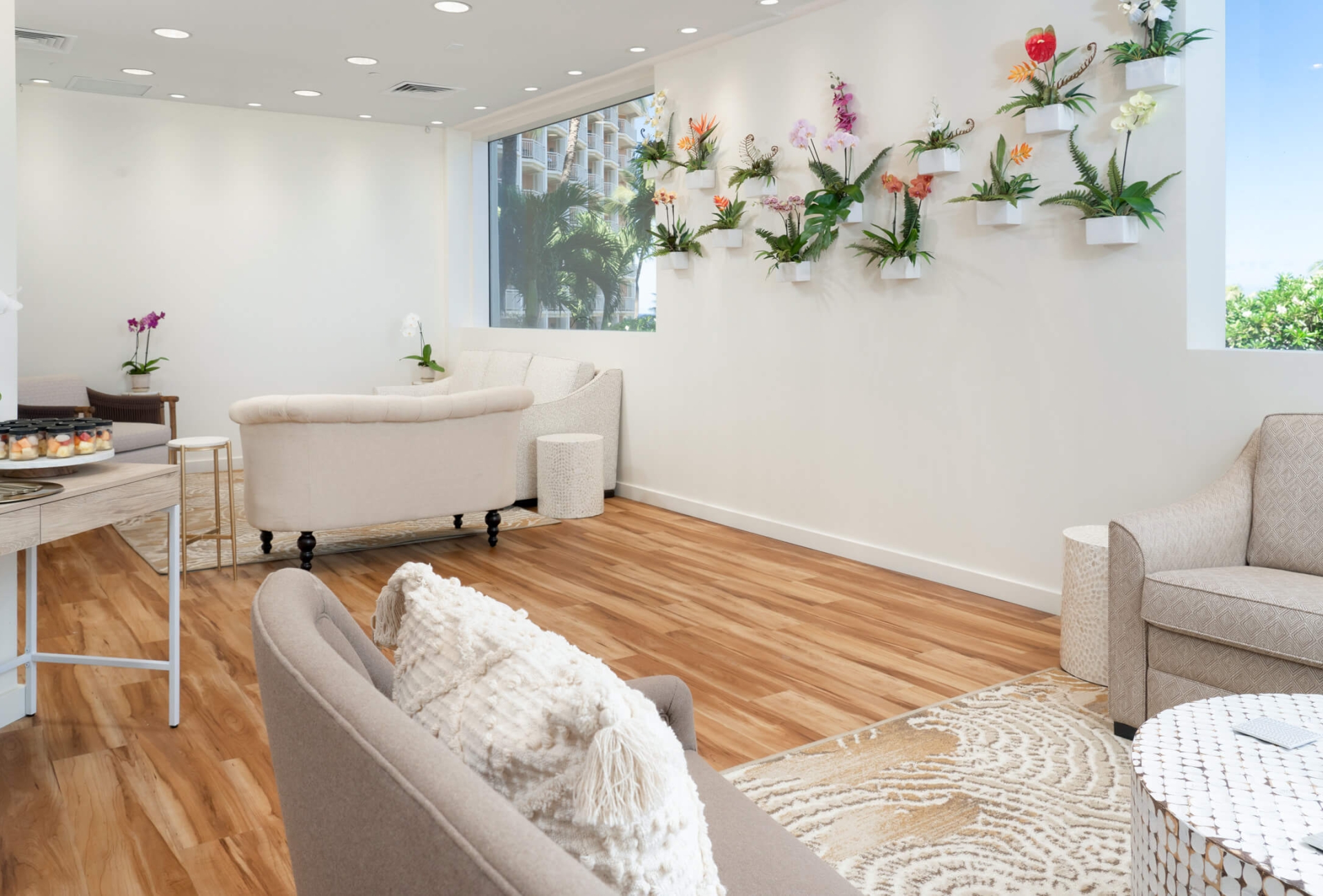 interior view of the seating area and check-in desk at the mohalu spa