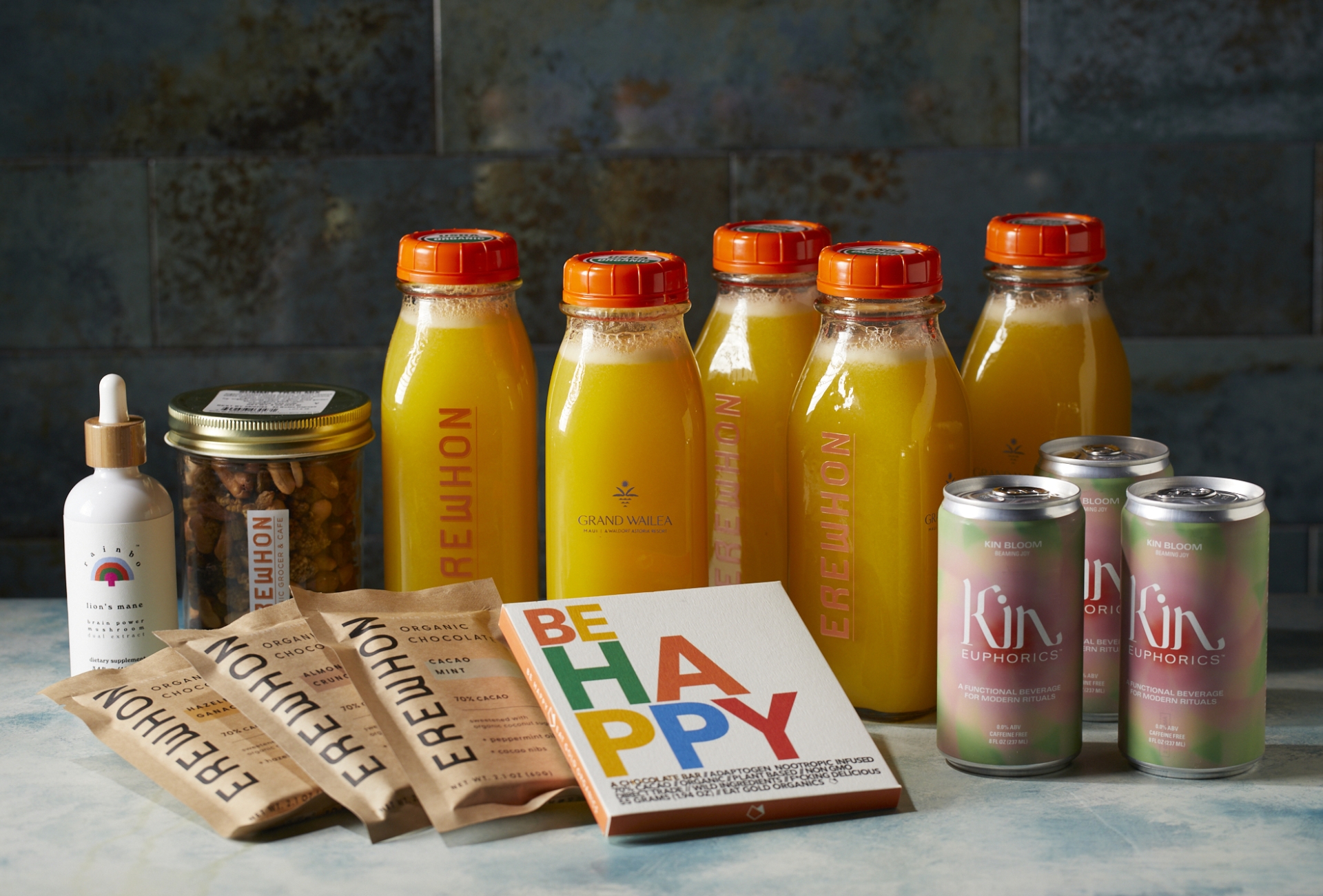 Erewhon products including Aloha Sunshine juice