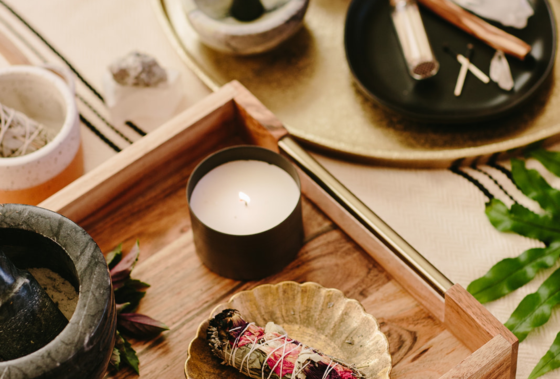 A spa tray with sage bundle
